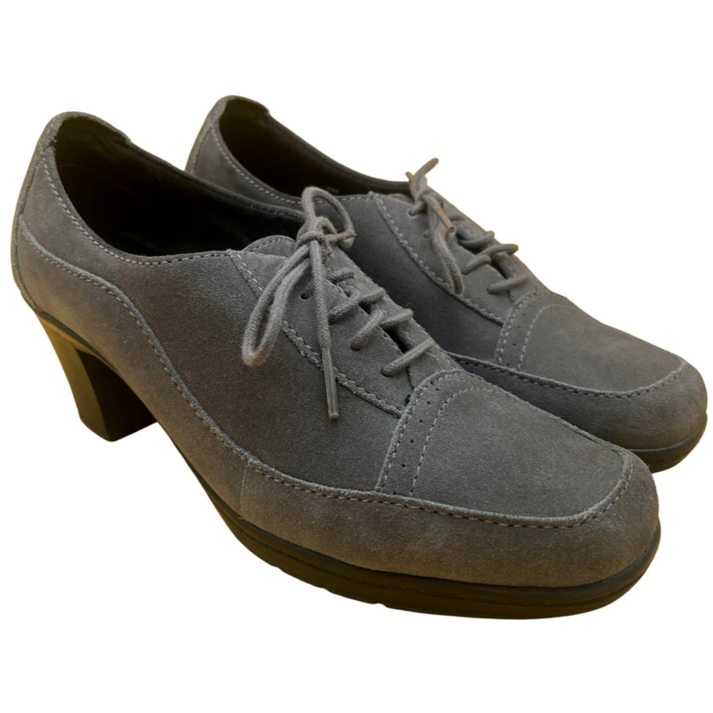 Clarks Bendables Womens Oxford Heels Gray Leather Lace Up Apron Toe Career 8W